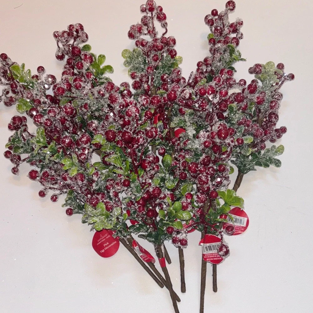 Snow Frosted Red Berry Stems Snowy Christmas Red Berries Holly Set of 12